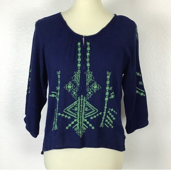 Altar'd State Tops - Altar’d State Top Boho Tie Up Blue Embroidery Green Size S